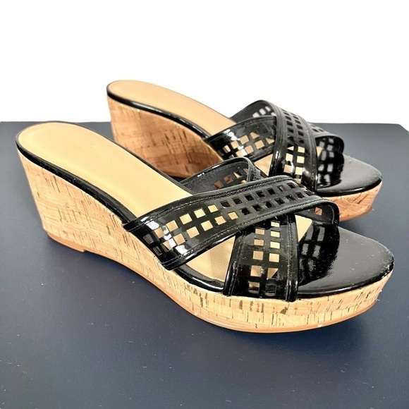 Kate Spade Tawny Black Patent Leather Natural Cork Peep Toe Wedge Sandals Size 9 - Picture 1 of 16